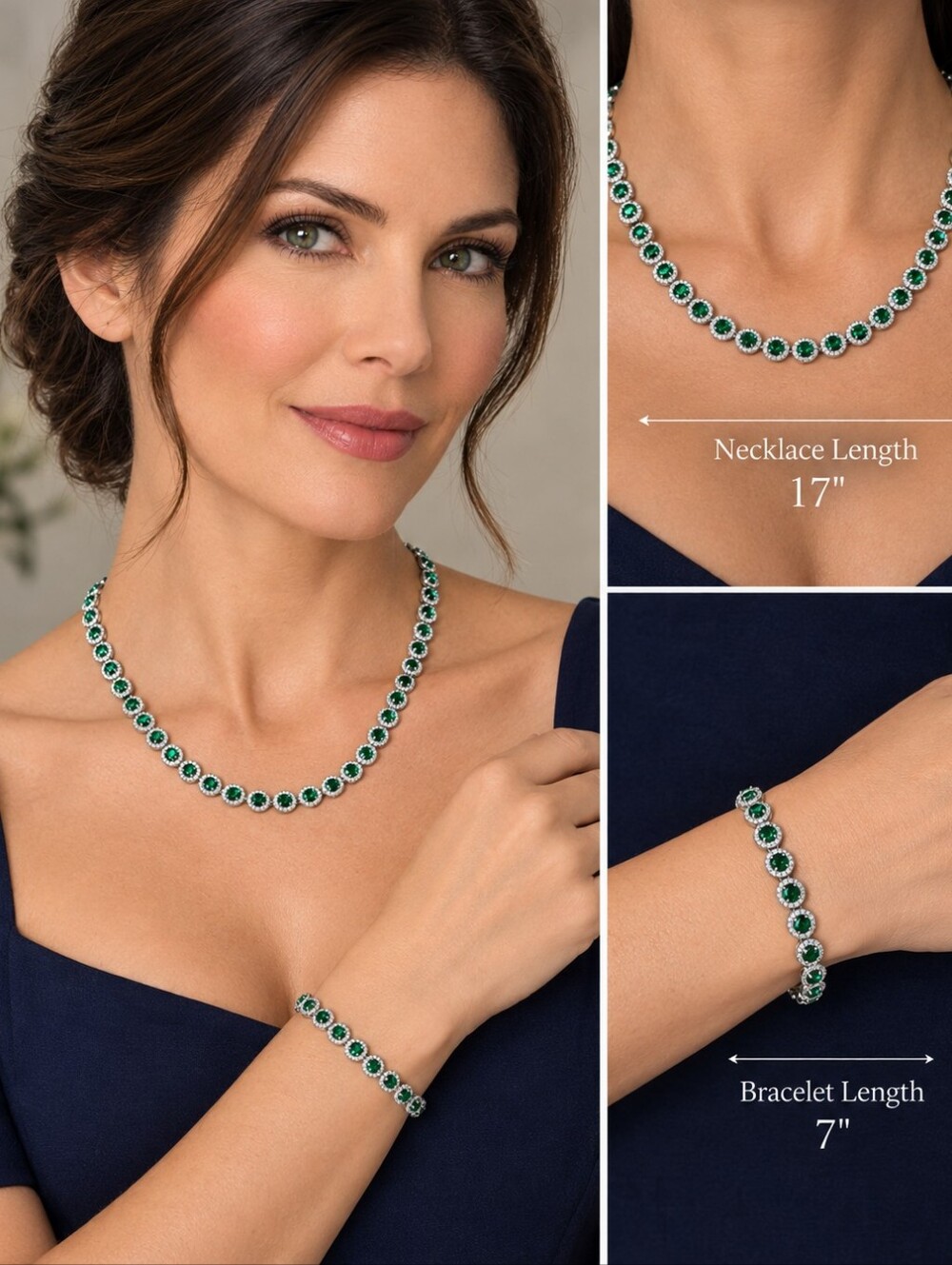 Emerald Green CZ Halo Tennis Necklace and Bracelet Silver Tone Set by Rachel Zoe